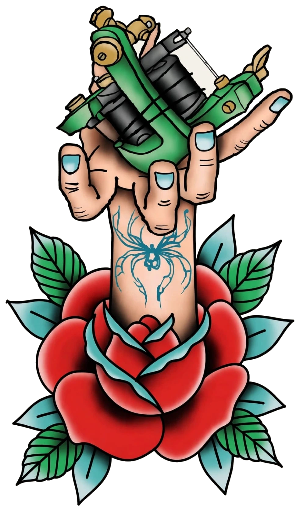 Traditional tattoo flash: a hand gripping an ornate green tattoo machine above a red rose, with a spider tattoo on the wrist and floral scrollwork